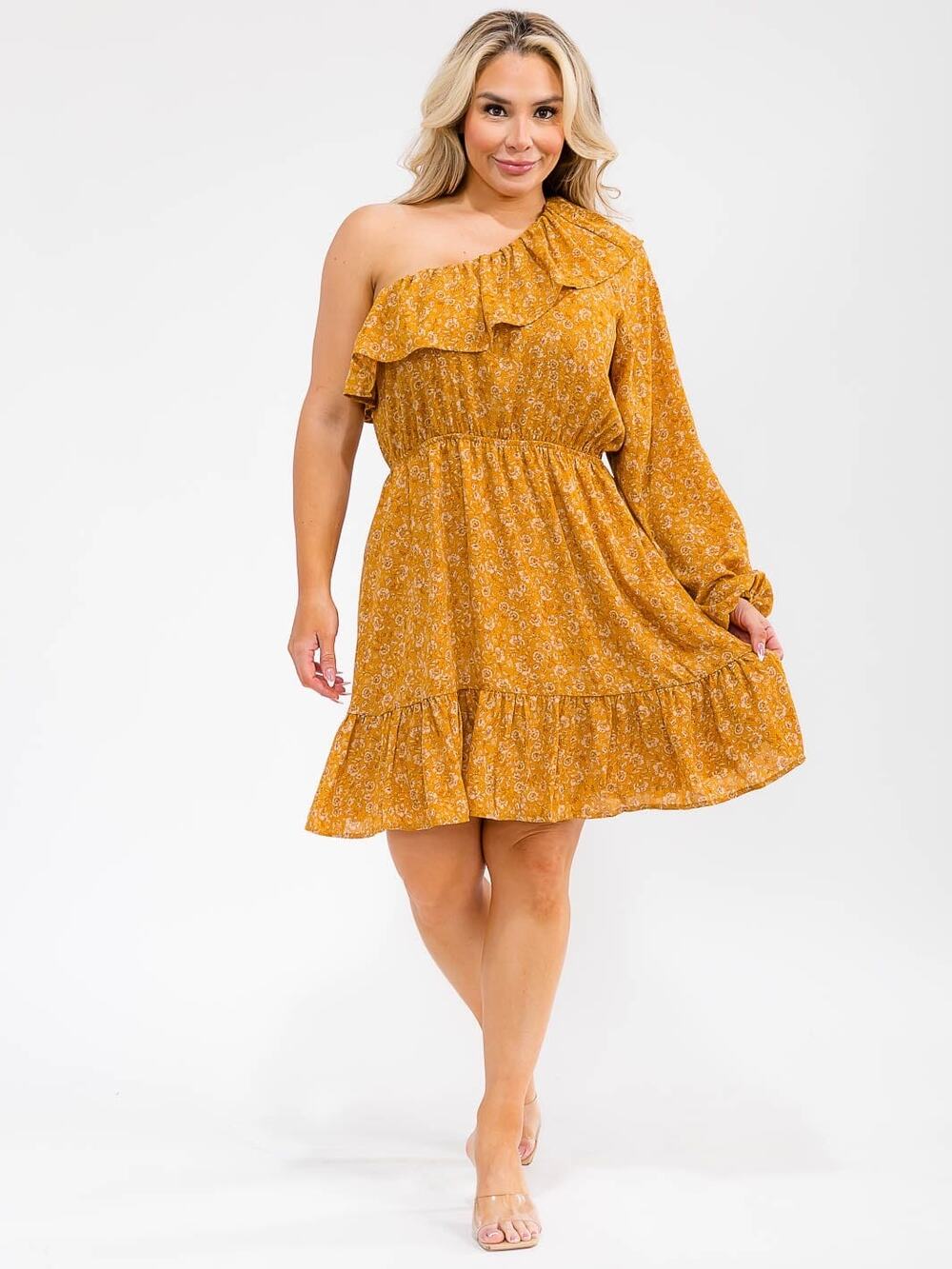 NWT Heyson Long Sleeve One Shoulder Floral Print Mini Dress 1XL Boho Feminine
